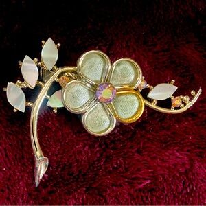 Gold and Pink Enamel and Rhinestone Floral Brooch